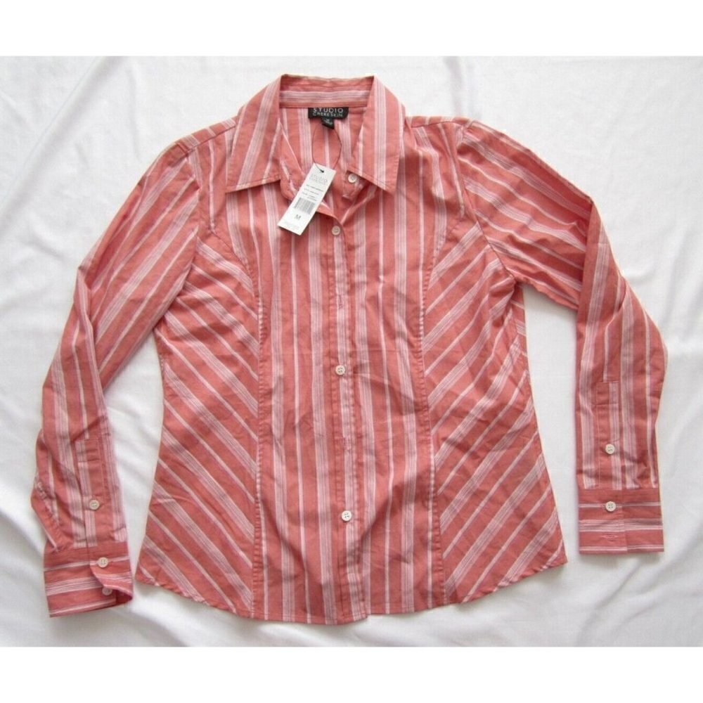 New Women Studio Chereskin Stripes Button Down Long Sleeve ‎ Blouse Sz M (WB102)